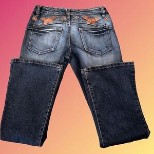 Vintage Low Rise Flared Butterfly Embroidered Jeans